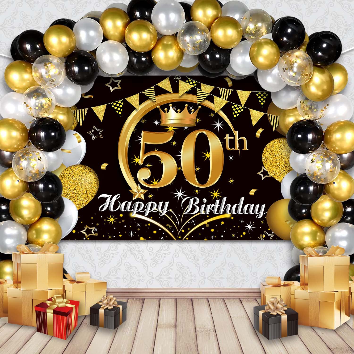 Buy 50th Birthday Party Decorations, 50th Black Gold Birthday Backdrop ...