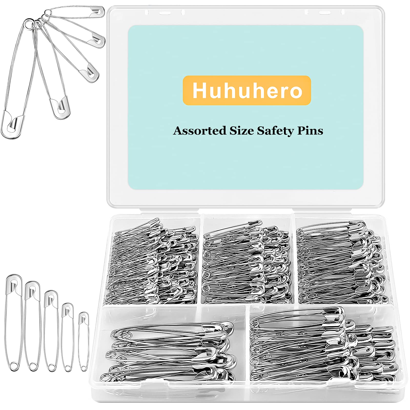 340 Pack Safety Pins Assorted, 5 Different Sizes Small and Large Safety Pins, Safety Pins for Clothes Halloween Costume Pins Sewing, Nickel Plated Steel Pin Bulk, Arts and Crafts Supplies (Silver)