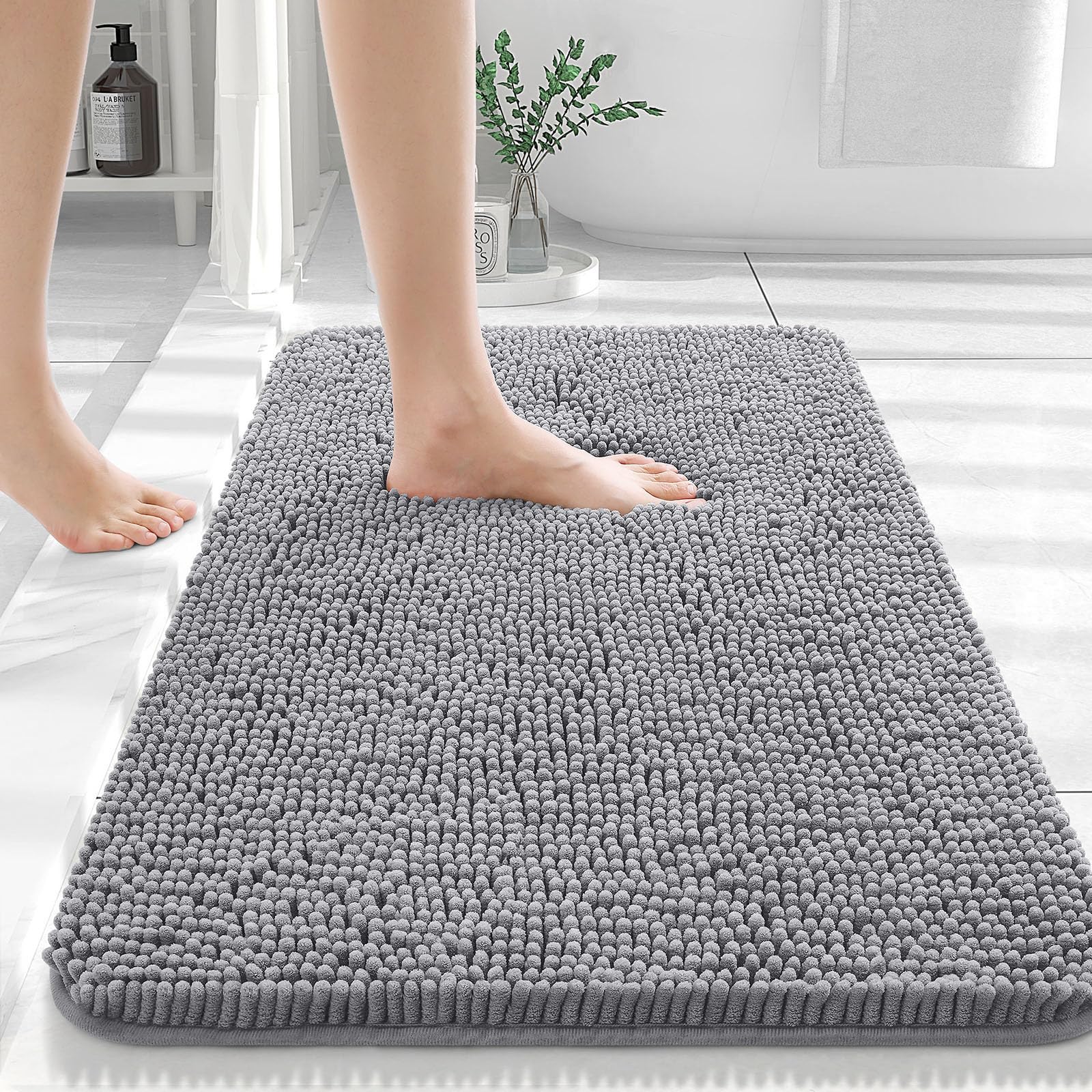 OLANLY Bathroom Rugs 30x20, Extra Soft Absorbent Chenille Bath Rugs, Rubber Backing Quick Dry, Machine Washable Bath Mats for Bathroom Floor, Tub and Shower, Home Decor Accessories, Grey