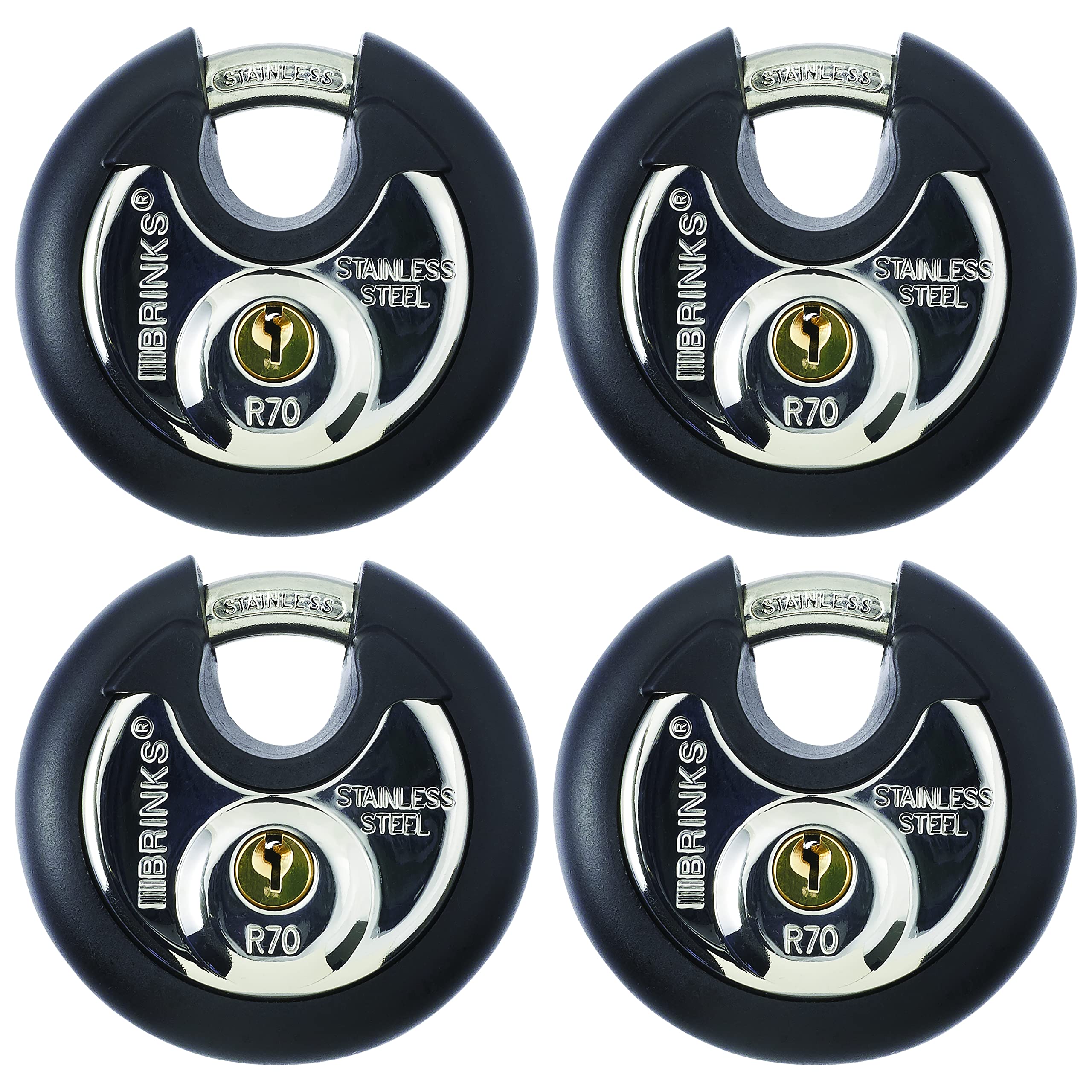 BRINKS Heavy Duty Padlocks & Keys 4 Pack 70mm Stainless Steel Keyed Alike Commercial Discus Keyed Lock for Storage Shed Garage Locker Sliding Doors Cabinets & More Round with Boron Shackle, Black