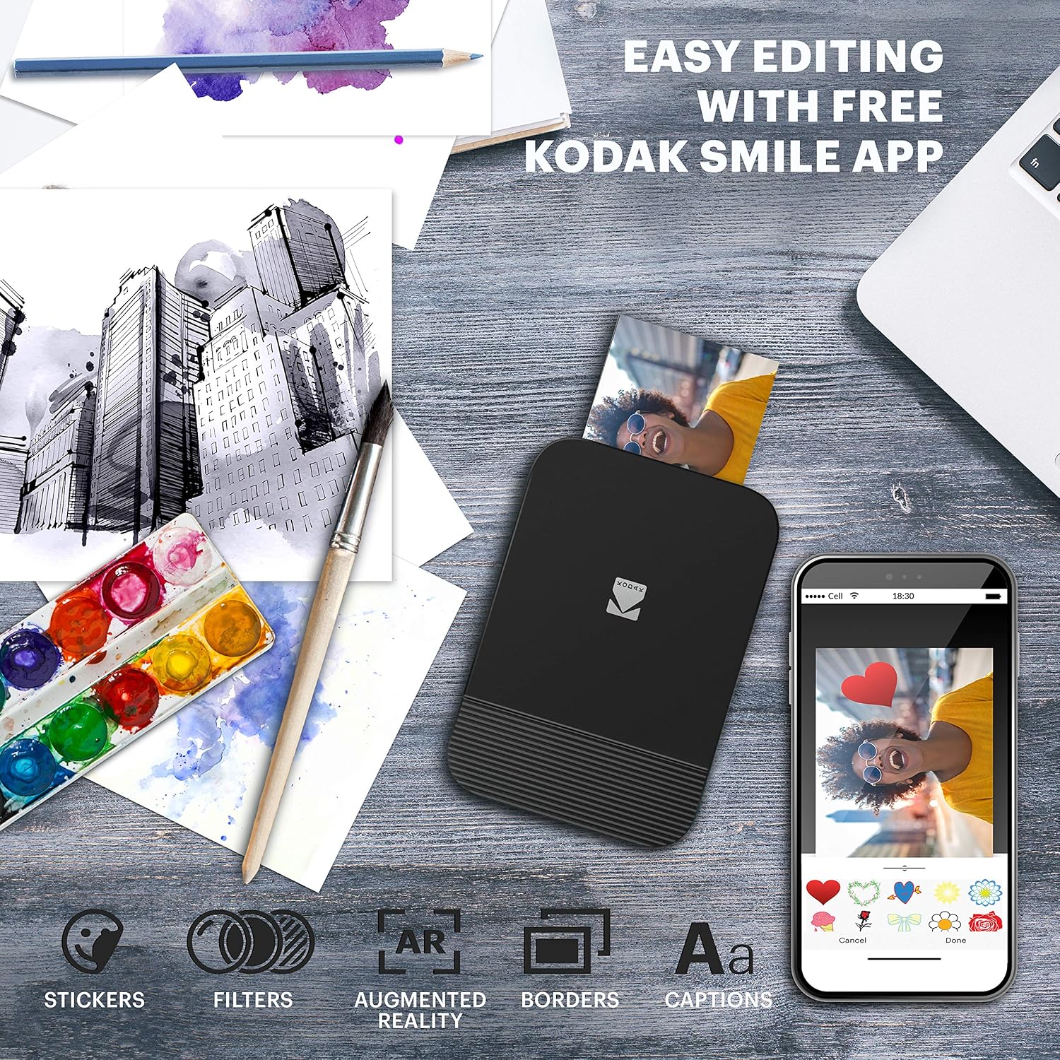 Buy 2 get 3 KODAK Smile Instant Digital Bluetooth Printer for iPhone & Android – Edit, Print & Share 2x3 Zink Photos w/ Smile App (Black/ White)