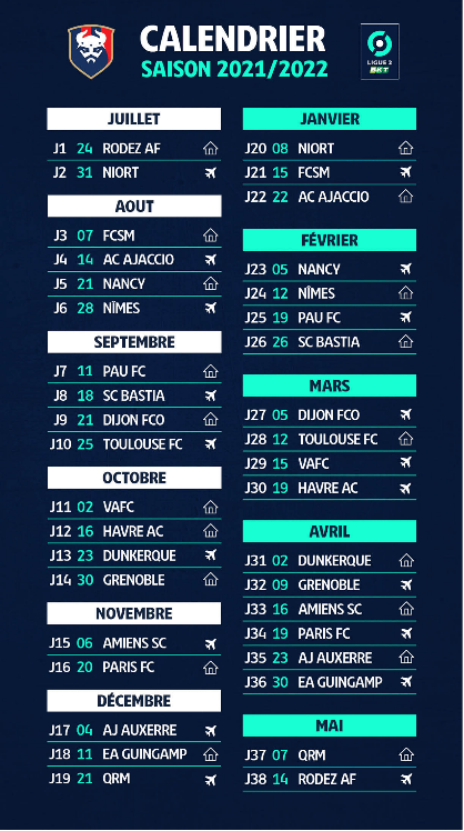 Ligue 2 - Le calendrier 2021-2022 club par club - MaLigue2