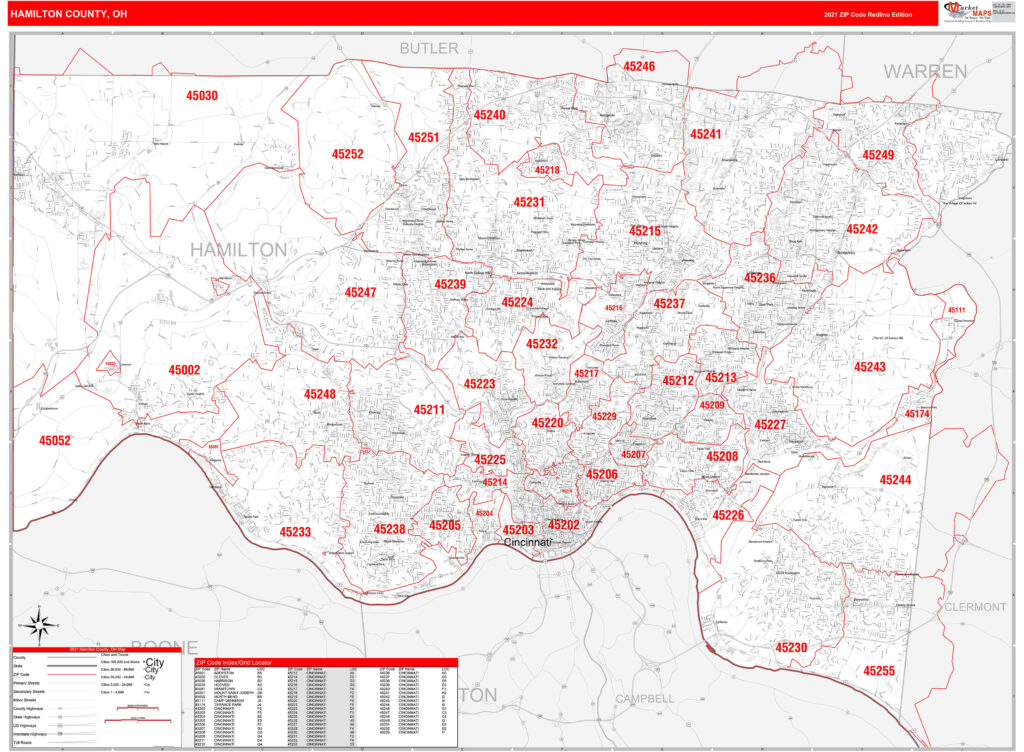 Hamilton County OH Zip Code Wall Map Red Line Style By MarketMAPS ...