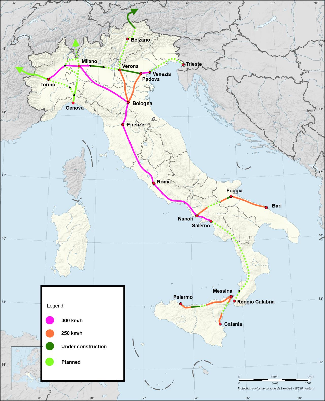 Italy high speed train map - Italy high speed rail map (Southern Europe ...