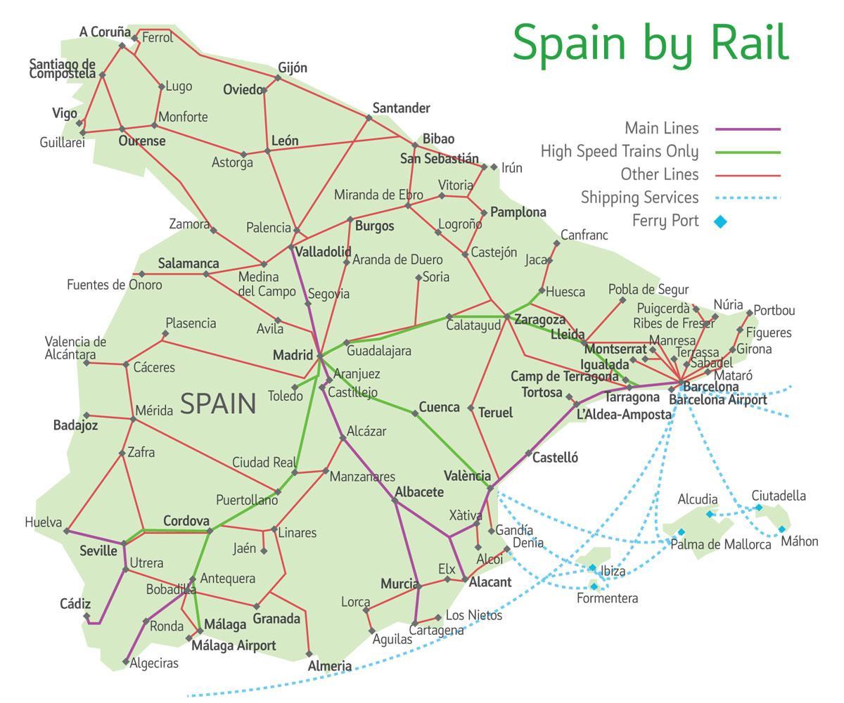 Spain train map - Map of train routes in Spain (Southern Europe - Europe)