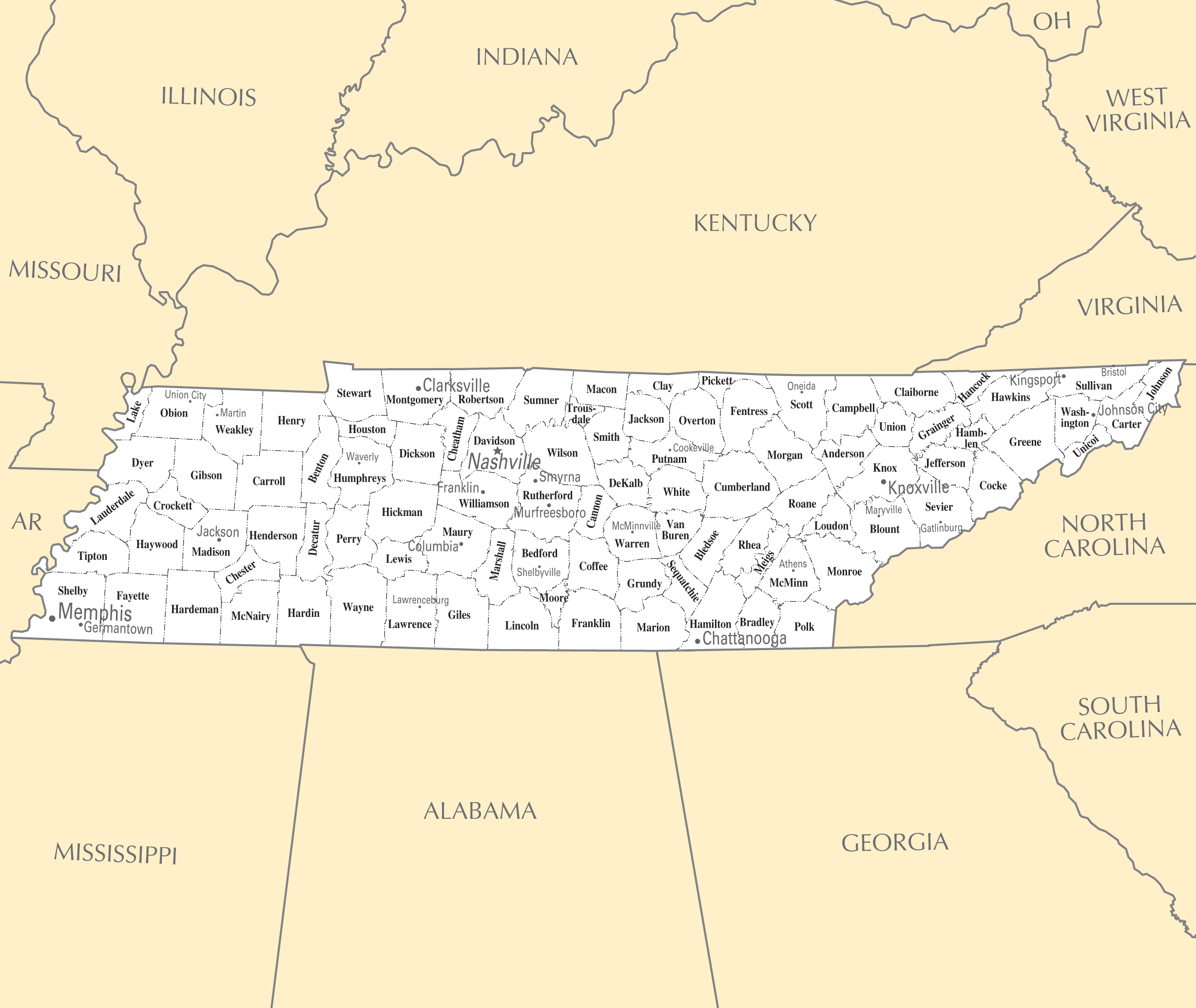 Printable Map Of Tennessee With Cities