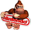 Donkey Kong holds the Nintendo logo