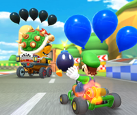 Thumbnail of the Daisy Cup challenge from the 2022 Mario vs. Luigi Tour; a Take them out quick! challenge set on N64 Luigi Raceway