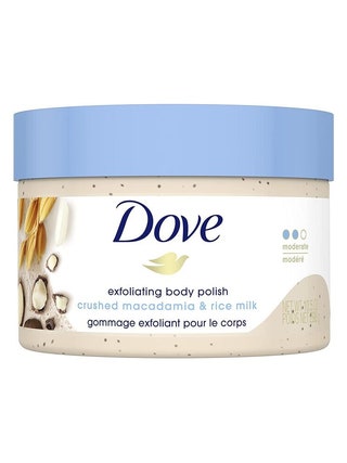 Dove Exfoliating Body Polish Scrub blue lid on white background