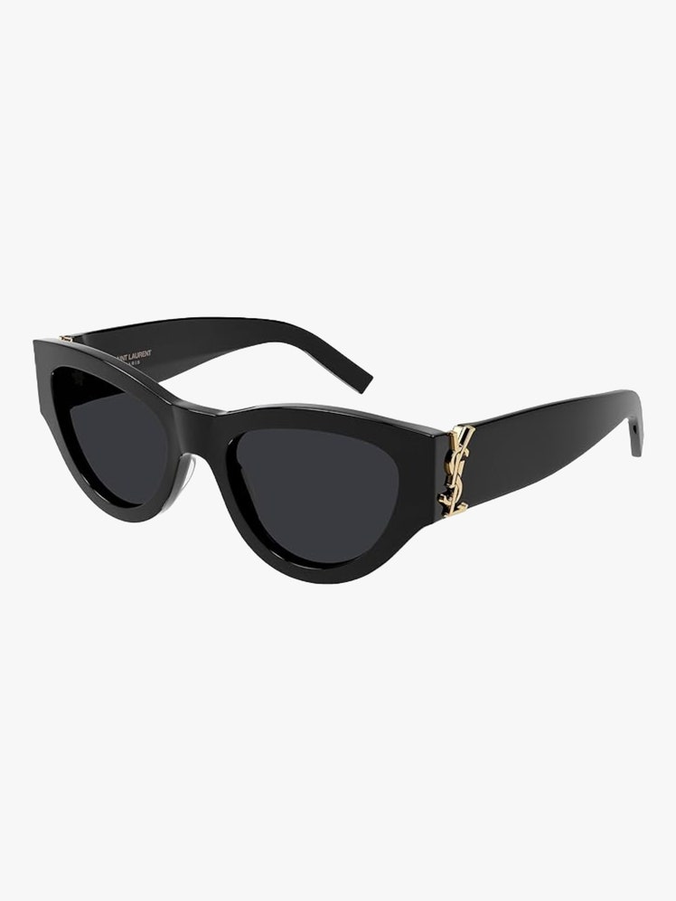 Black Cat Eye Sunglasses with gold YSL detail on the side of the frames.