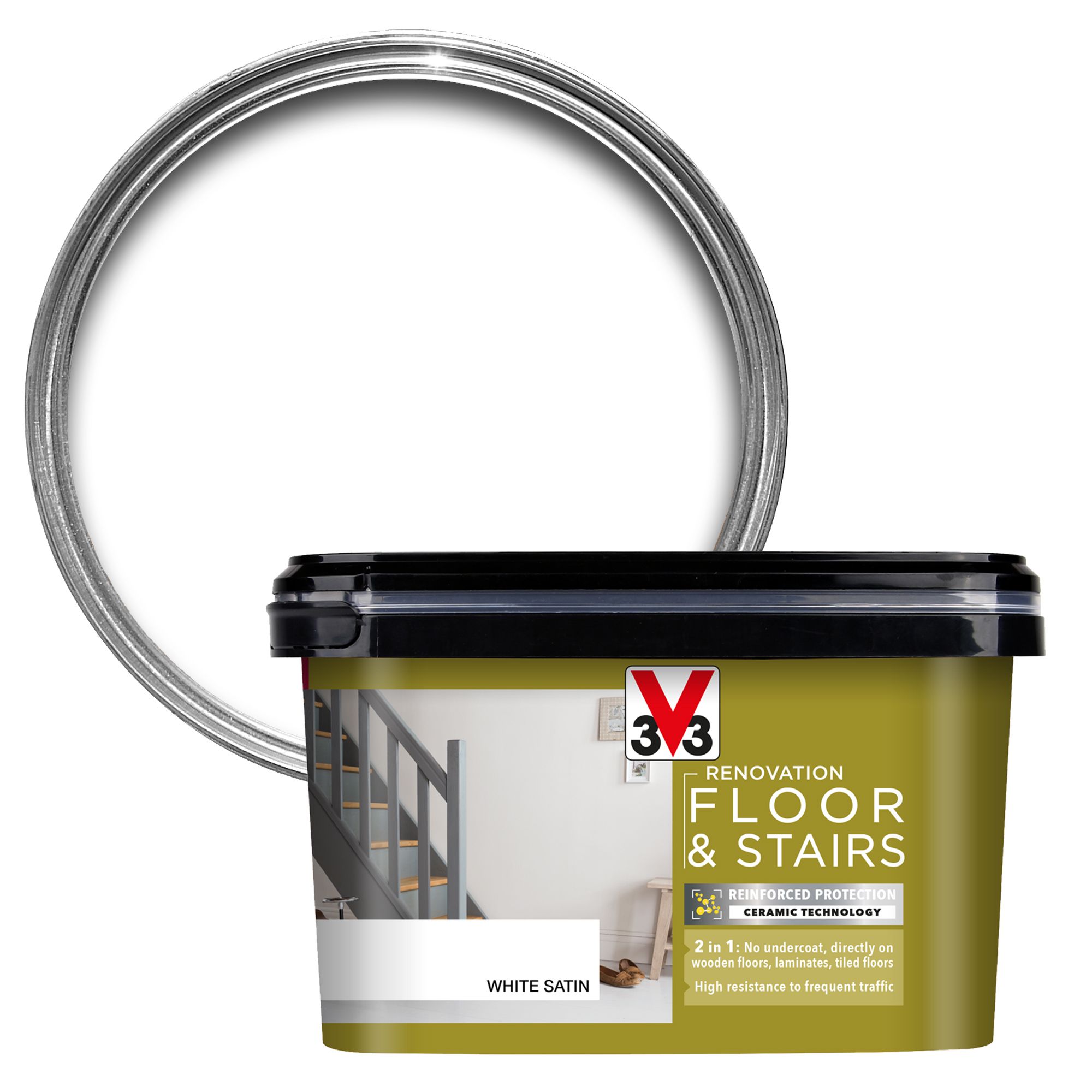 V33 High performance White Satinwood Floor & stair paint, 2L