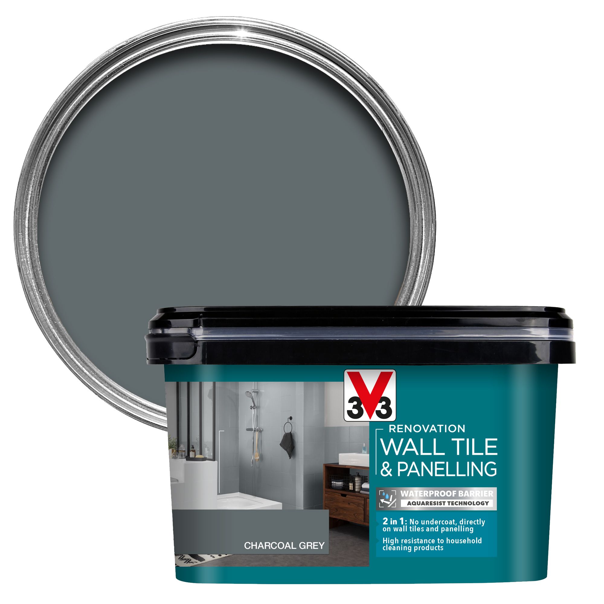 V33 Renovation Charcoal Grey Satinwood Wall tile & panelling paint, 2L