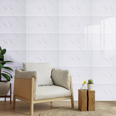 10Pcs White Modern Peel and Stick Marble Effect Kitchen Bathroom Tile PVC Wall Sticker Waterproof 60x30 cm