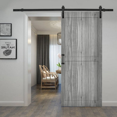 Grey Farmhouse Style Wood Grain Wooden Internal Sliding Door Barn Door with 6.6ft Steel Hardware Kit, 91 x 213cm