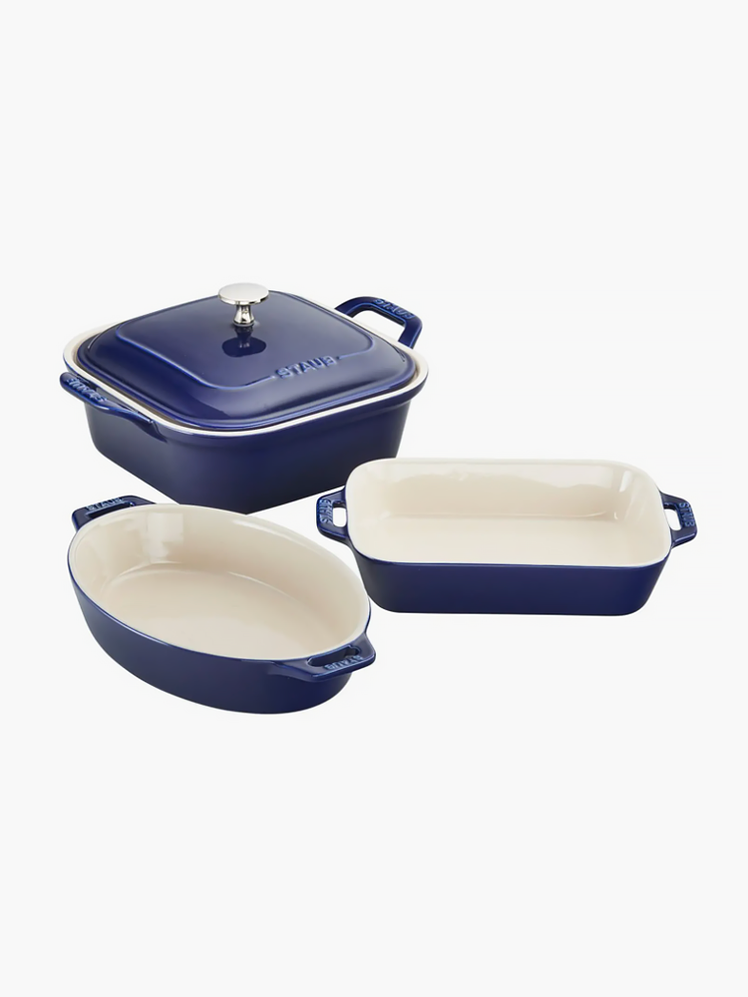 Ceramic Baking Dish Set in soft indigo shade on light gray background