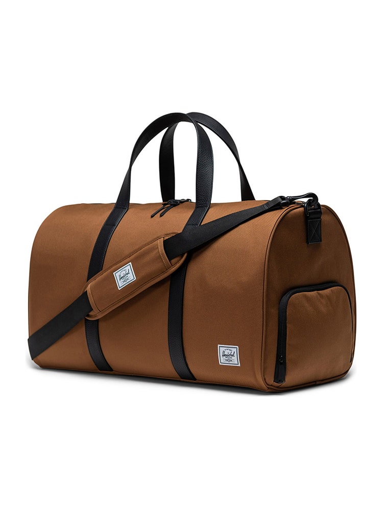 Black and brown duffle bag