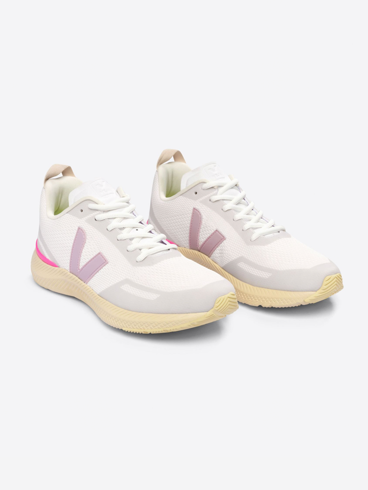 Veja Impala in white purple pink and beige color way on gray background