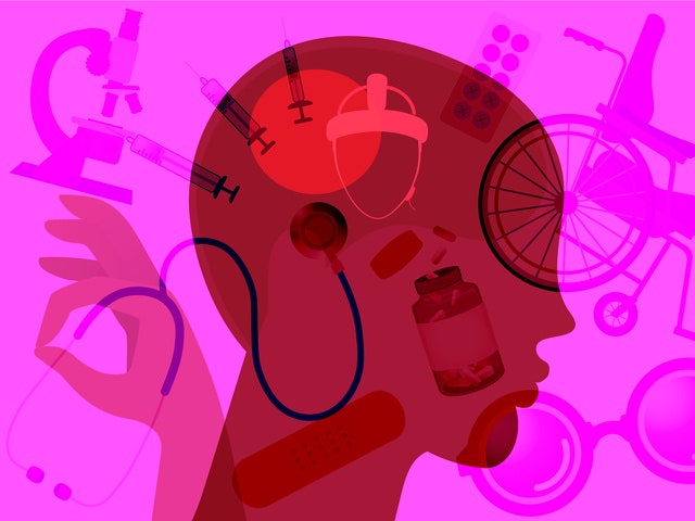 Illustration of a profile of a person over medical imagery on a bright pink background