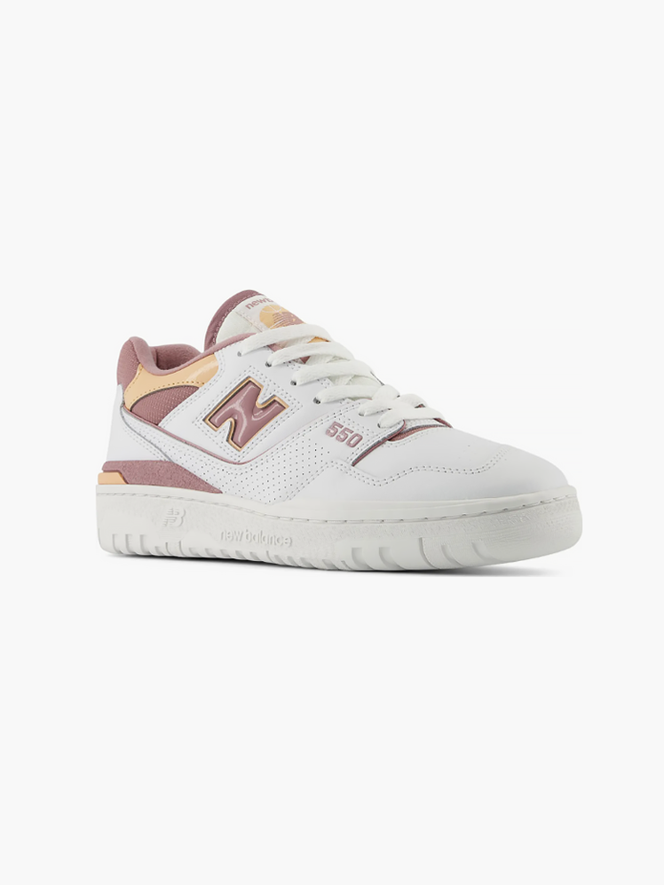 550 Basketball Sneaker in branded white and mauve color way on light gray background