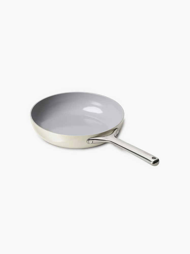 Nonstick Ceramic Fry Pan in cream and gray color way on light gray background