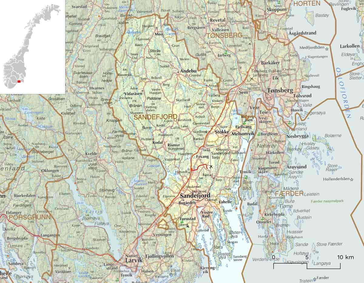 Kart over Sandefjord kommune