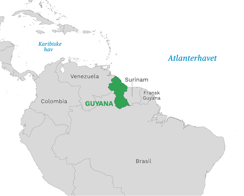 Plassering av Guyana med naboland rundt, kart