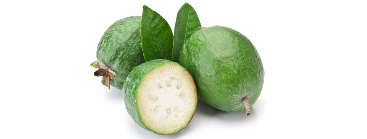 Feijoa med blader på hvit bakgrunn.