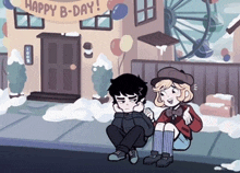 a boy and a girl sit on the sidewalk in front of a building with a happy b-day banner