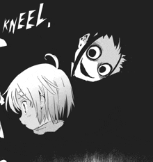 a black and white drawing of a girl and a boy with the words kneel written above them