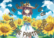 a girl in a field of sunflowers with the words thank you for the partnership on the bottom