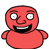 a drawing of a red cartoon character with a big smile on his face