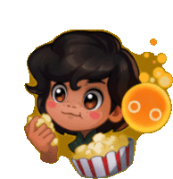 a cartoon of a boy eating popcorn next to a yellow circle