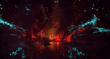 a dark cave with glowing mushrooms and a river