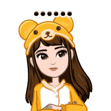 a cartoon girl wearing a teddy bear hat and a sweater