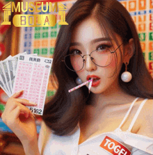 a woman is holding a lottery ticket with the number 5182