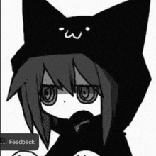 a black and white drawing of a girl wearing a black cat hoodie .