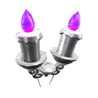 a pair of silver candles with purple flames