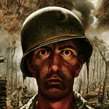 a painting of a soldier with a helmet on looking at the camera