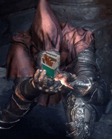 a knight holding a box of newport cigarettes