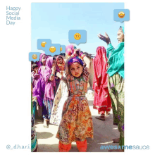 a poster for happy social media day shows a girl in a floral dress