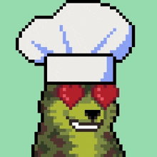 a pixel art of a dog wearing a chef hat and heart shaped sunglasses