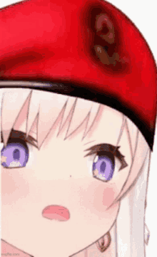 a close up of a anime girl wearing a red hat