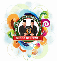 a colorful logo for bungo berbenah shows two men