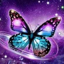 a colorful butterfly is flying through the air on a purple background with stars .