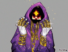 a drawing of a person wearing a purple hood and gold chains .