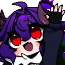 a pixel art drawing of a cat with purple hair and red eyes .