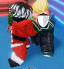 a person in a santa suit is holding a candy cane and a sword in a video game .