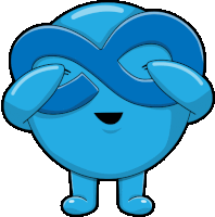 a blue cartoon character covering his eyes with his hands and a smiling face