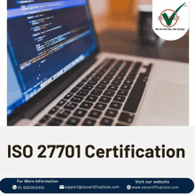 an iso 27701 certification advertisement with a laptop