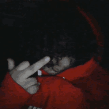 a person wearing a red hoodie is making a middle finger gesture